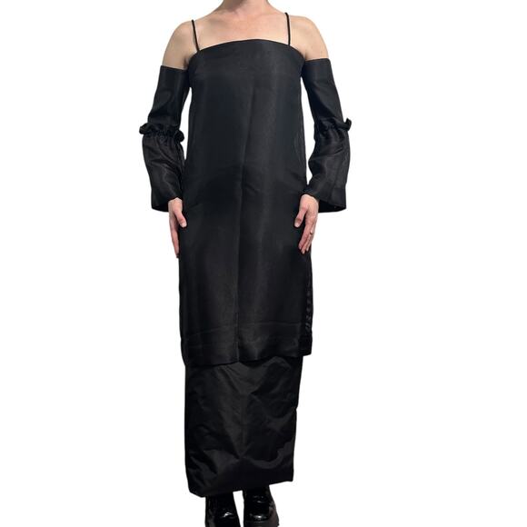 The Row Layered Midi Dress size 2 Black Puff Sleeves Ruffle SS14 RTW - Picture 14 of 16